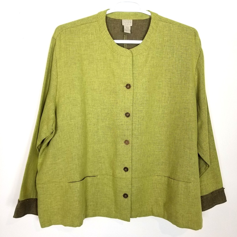 Sigrid Olsen Sport Woman  Linen Blend Jacket Blazer Sz 22W Green Brown‎ Button